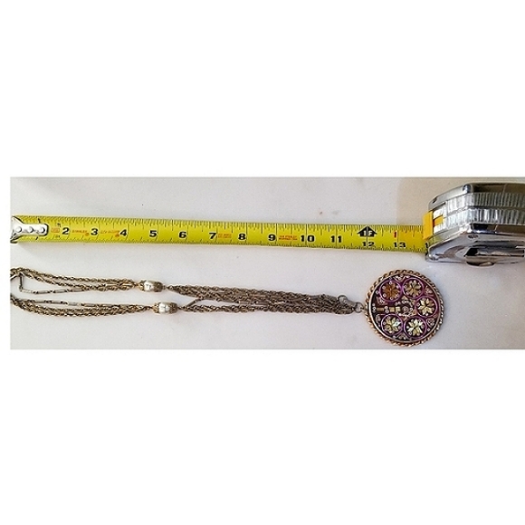 Medallion Necklace Purple Gold Mosaic Pendant Vintage Chain Included - Picture 9 of 12